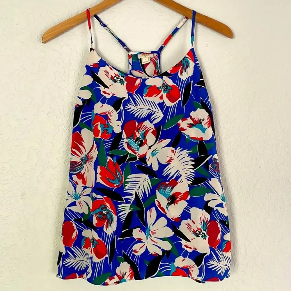 J. Crew Red White Blue Floral Halter Silky Tank Top Patriotic Summer Camisole